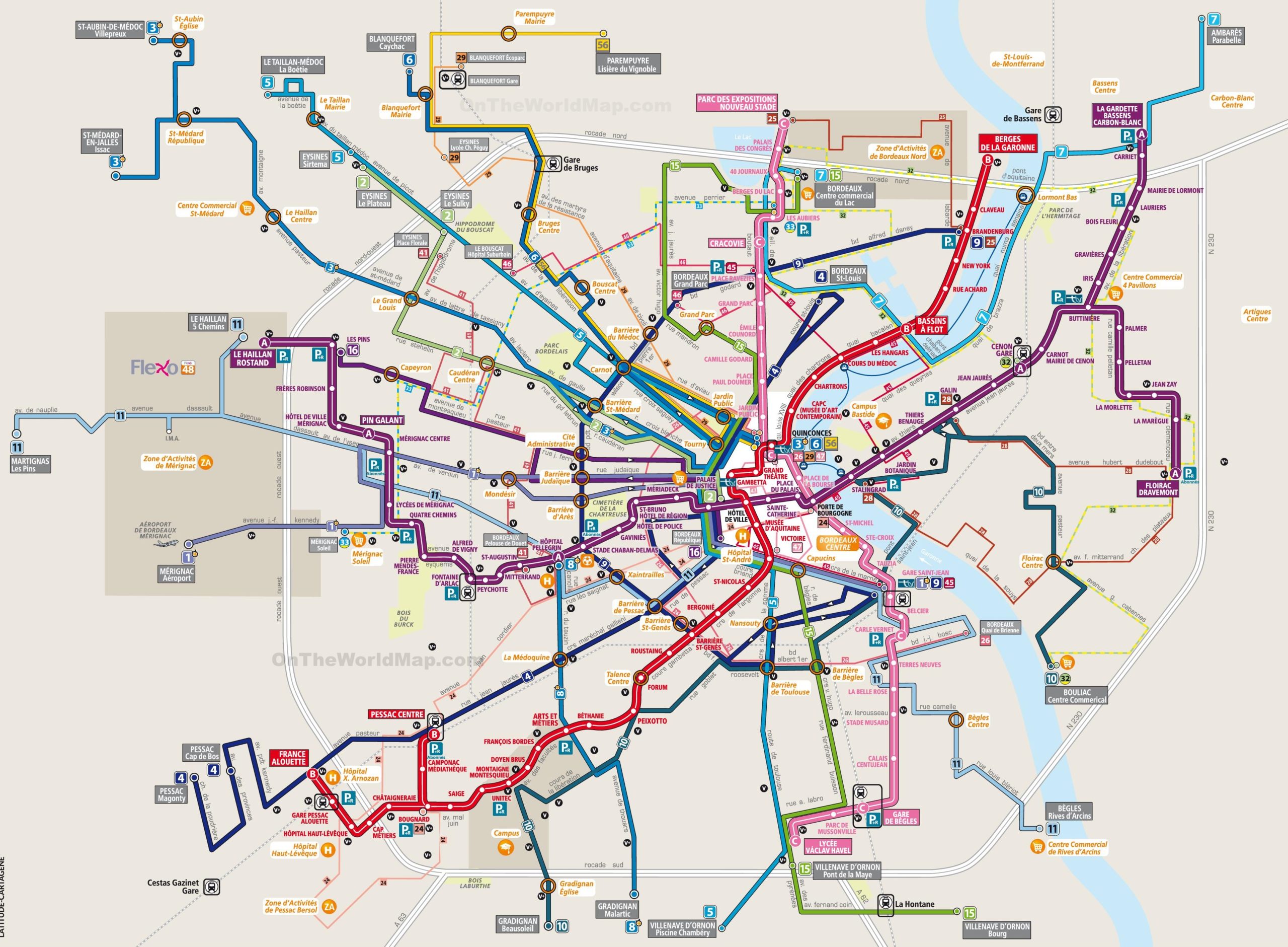Mapa MHD v Bordeaux - Autobusy, vlaky, tramvaje a trolejbusy