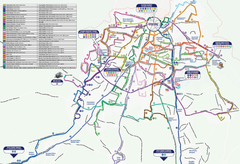 Dopravní mapa na Kypru - veřejná doprava - autobusy, tramvaje a trajekty