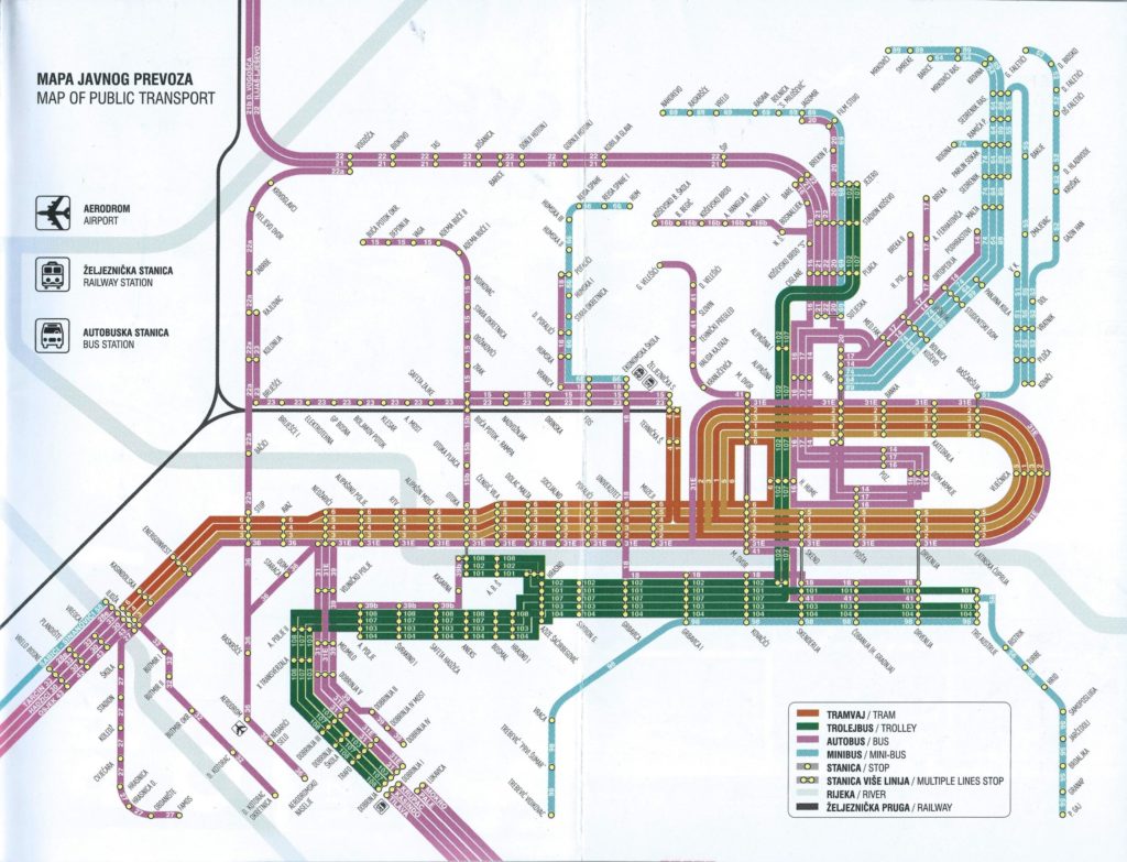 Mapa veřejné hromadné dopravy v Sarajevu - Autobusy, tramvaje a vlaky