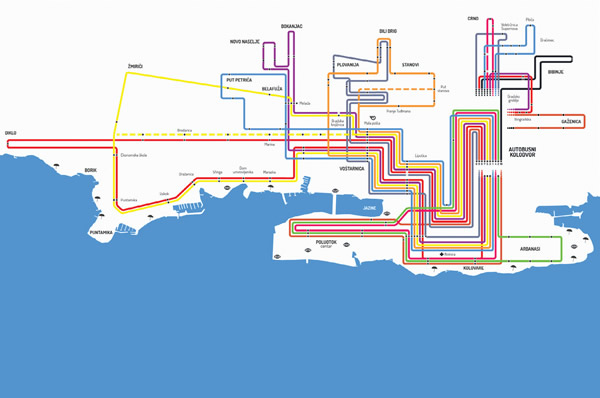 Mapa veřejné dopravy v Zadaru - Autobusy