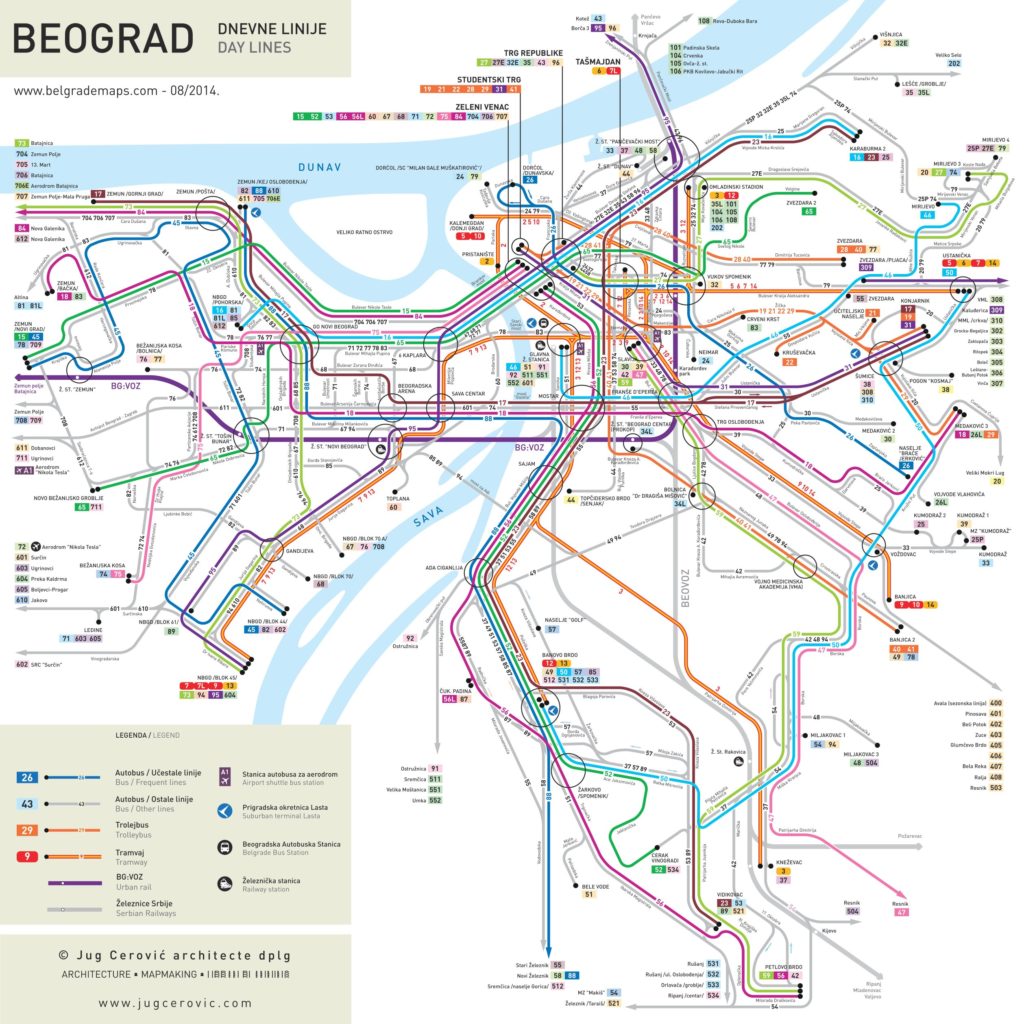 Mapa městské hromadné dopravy v Bělehradu - Detailní plán s jednotlivými trasami a zastávkami