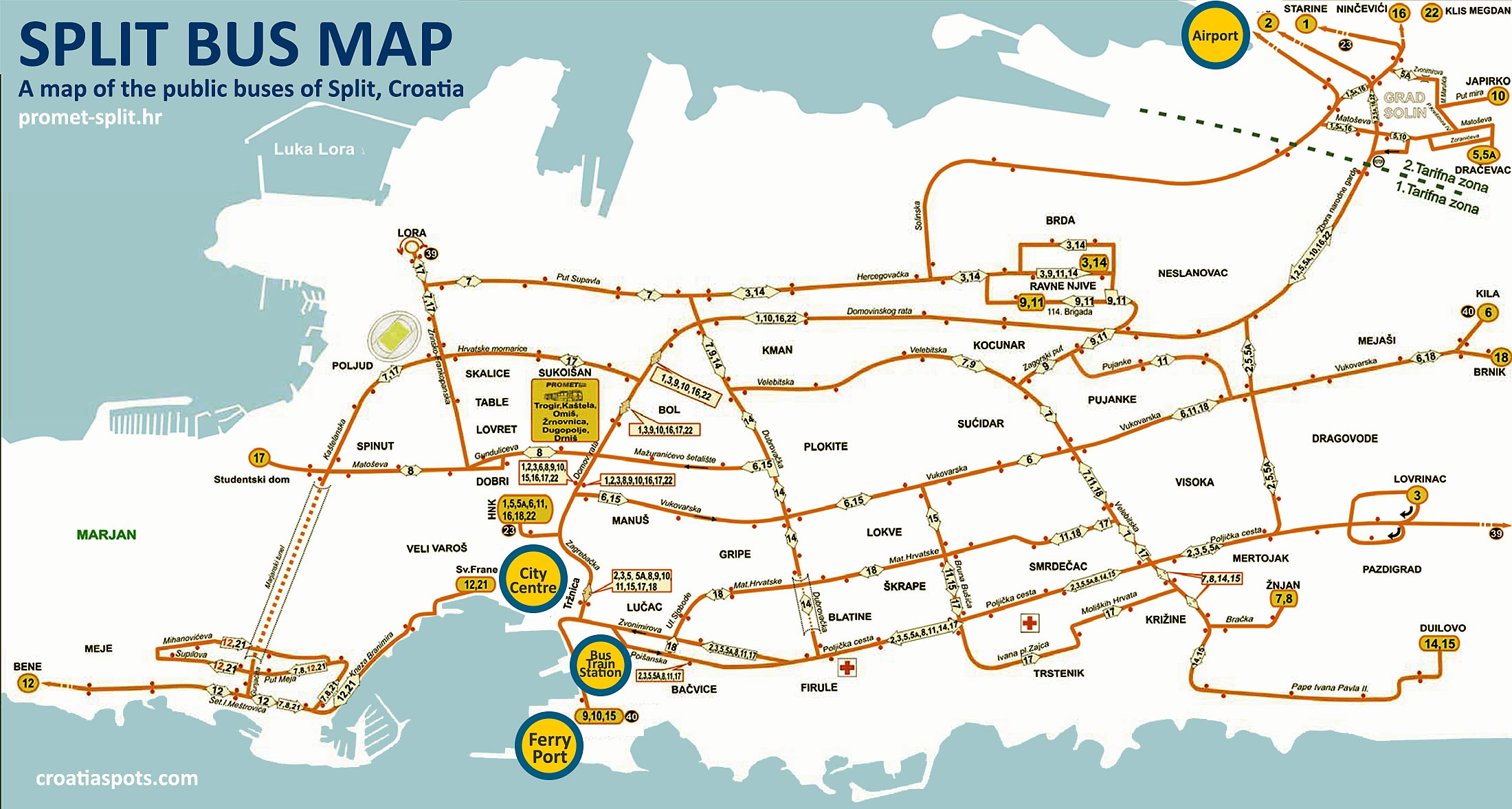 Mapa autobusové dopravy ve Splitu - zastávky, spoje a jízdní řády