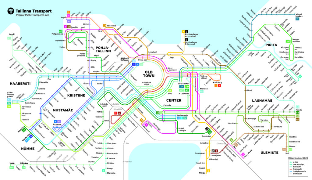 Mapa MHD v Tallinnu - Linky autobusů, trolejbusů a tramvají