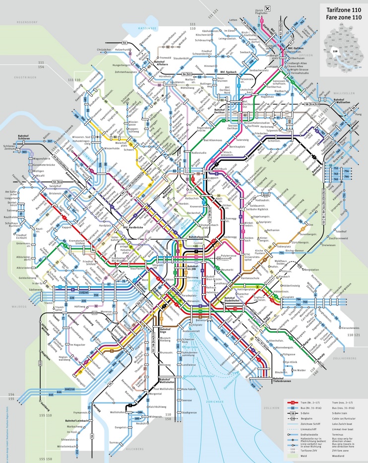 Mapa MHD v Zurichu - Autobusy, tramvaje a trolejbusy