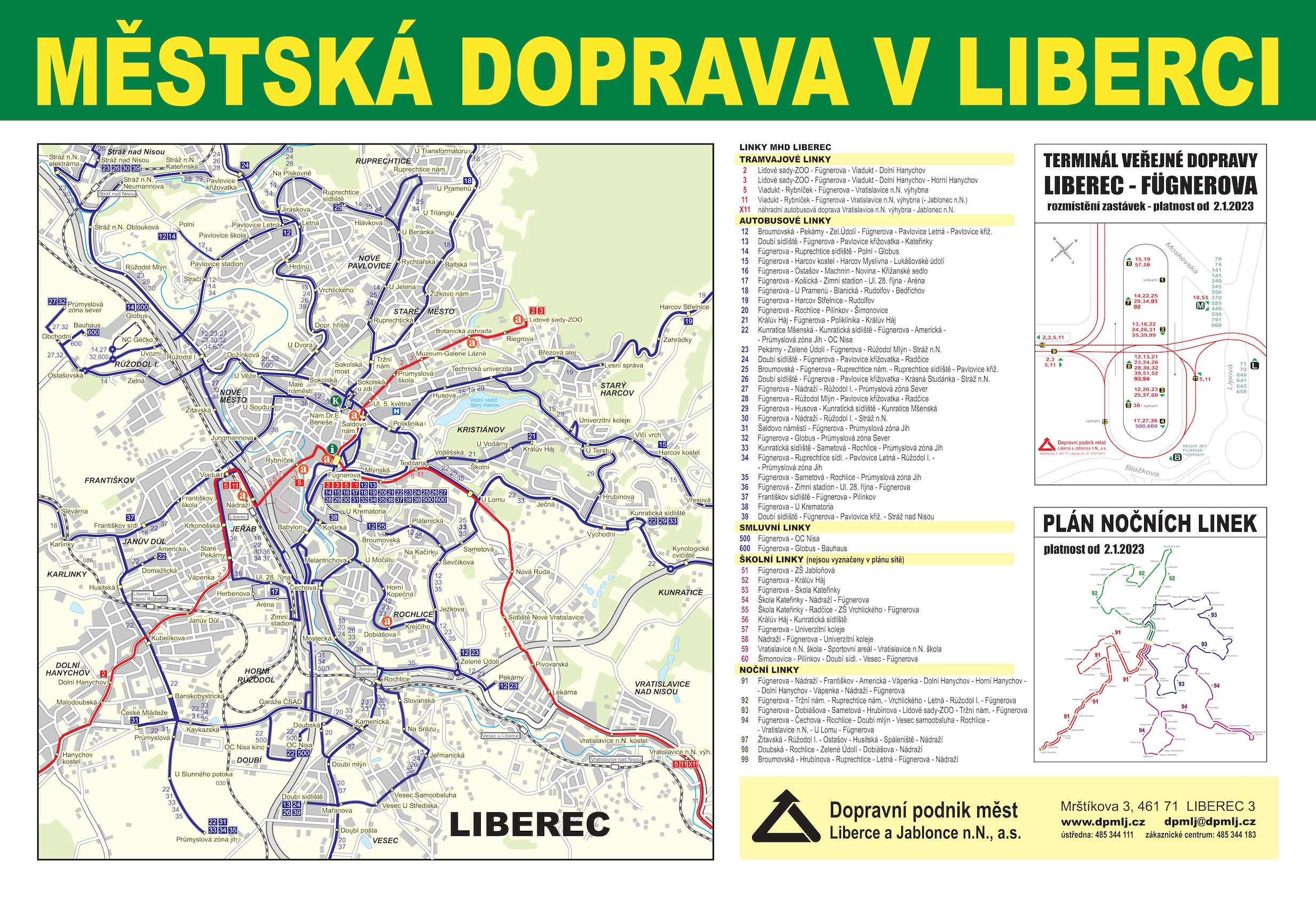MHD Liberec - Mapa městské hromadné dopravy v Liberci zobrazující trasy autobusů, trolejbusů a tramvajových linek provozovaných DPMLJ