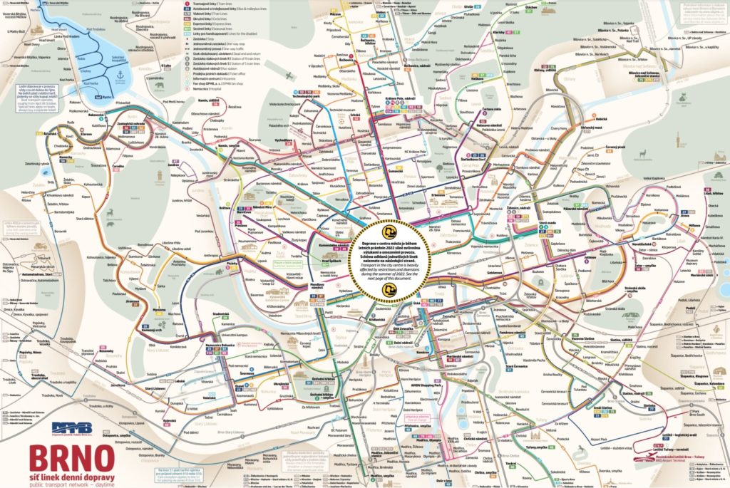 MHD Brno – Mapa městské hromadné dopravy v Brně zobrazující trasy autobusů, trolejbusů a tramvají