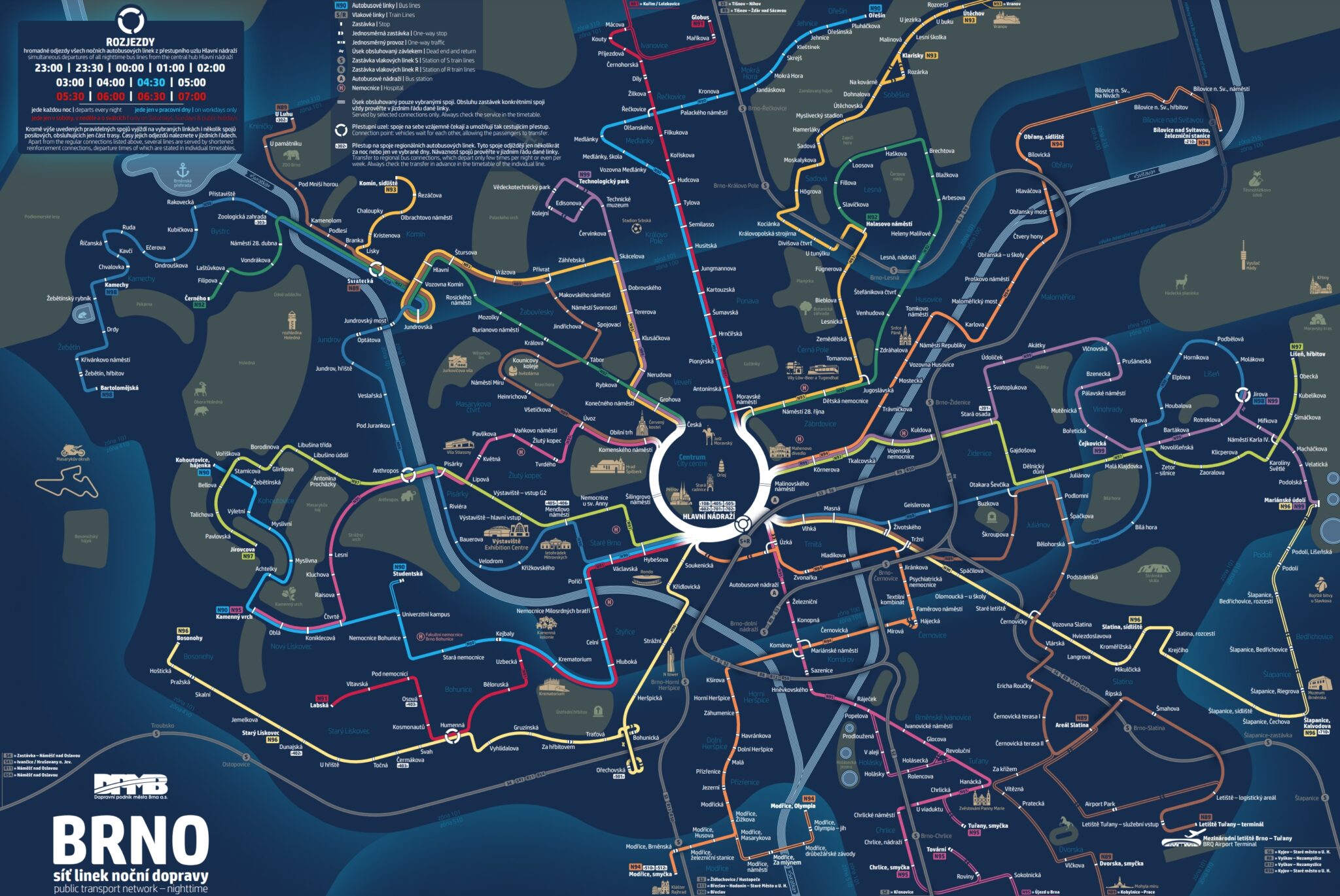 MHD Brno – Mapa městské hromadné dopravy - Noční linky v Brně zobrazující trasy autobusů, trolejbusů a tramvají