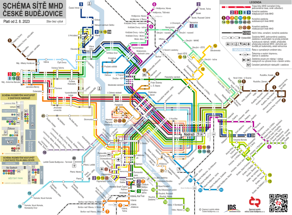 Mapa MHD v Českých Budějovicích rok 2023 - Schéma linek