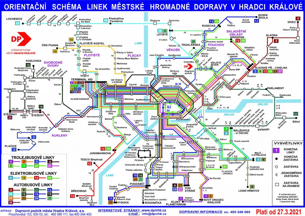 Mapa MHD v Hradci Králové - Linky autobusů, trolejbusů a tramvají