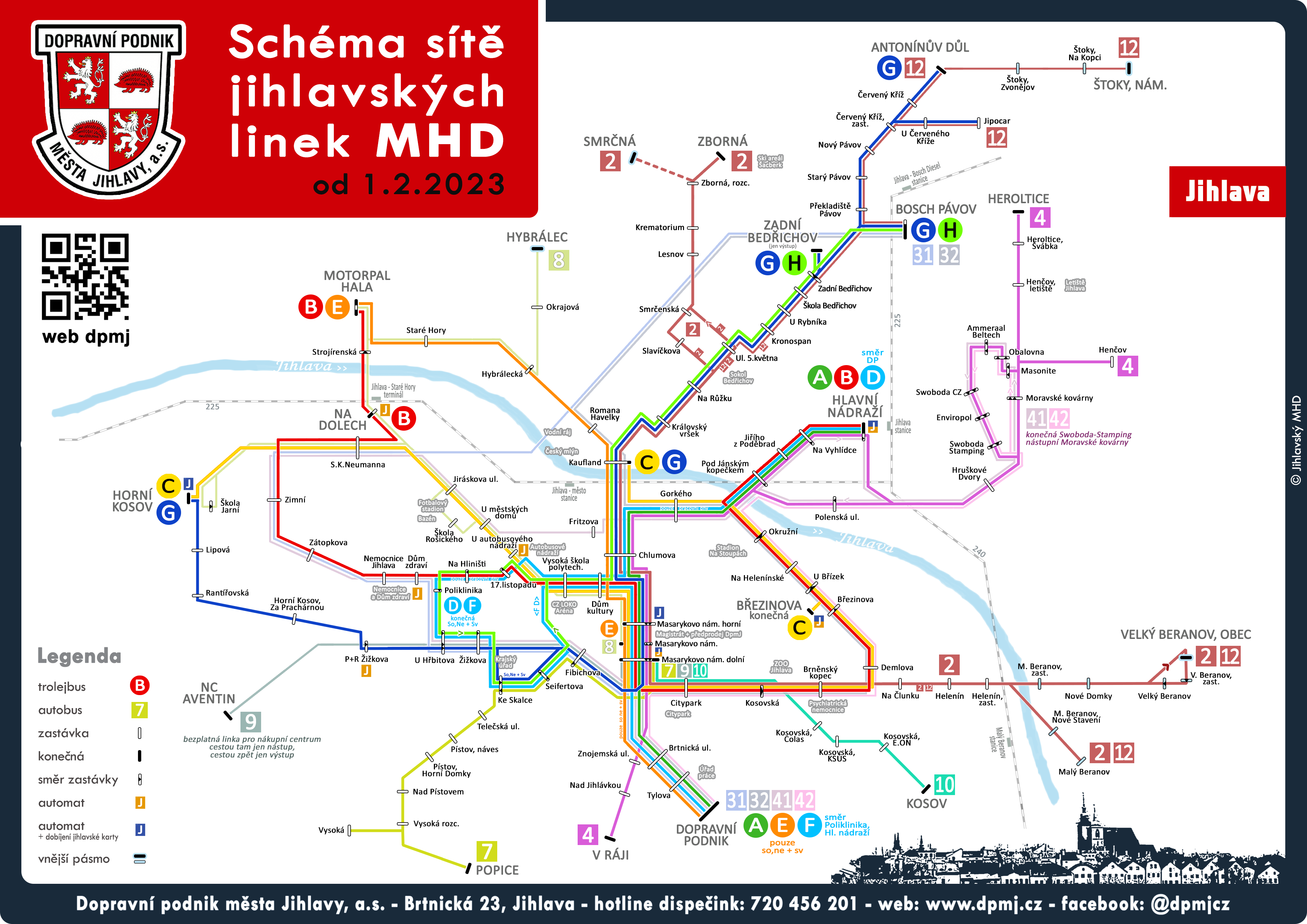Schéma městské veřejně dopravy (MHD) v Jihlavě- Linky autobusů, trolejbusů a tramvají