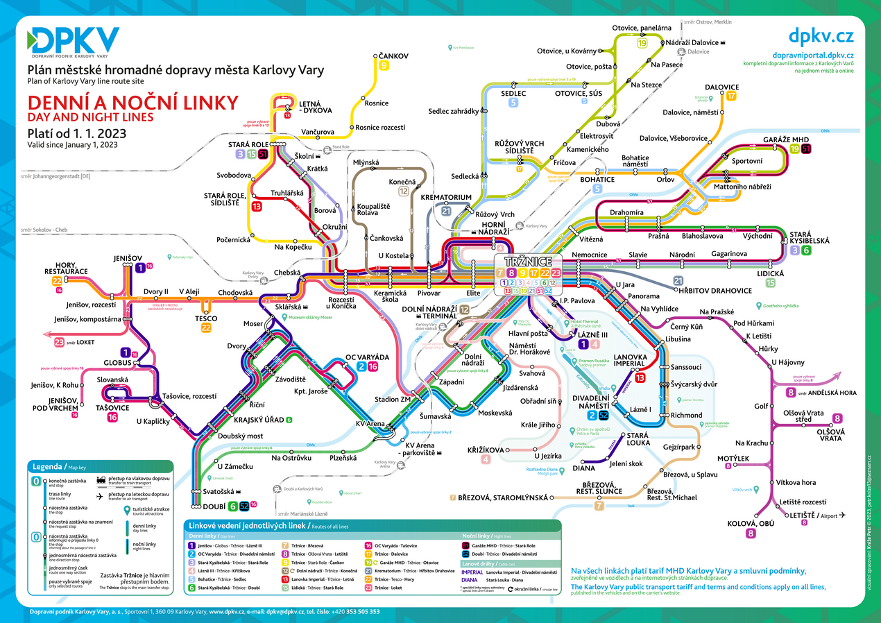 MHD Karlovy Vary – Mapa městské hromadné dopravy v Karlových Varech zobrazující trasy autobusů,  provozovaných DPKV.