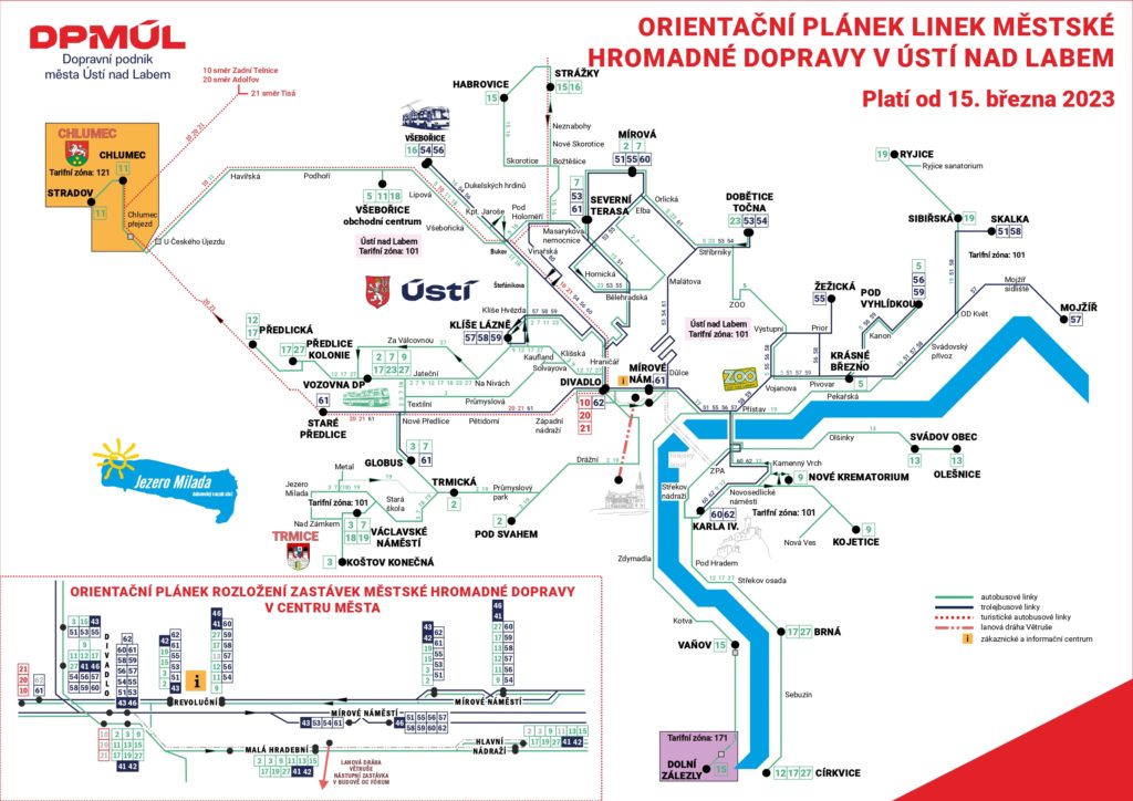 Mapa městské hromadné dopravy v Ústí nad Labem - Detailní plán s jednotlivými trasami a zastávkami