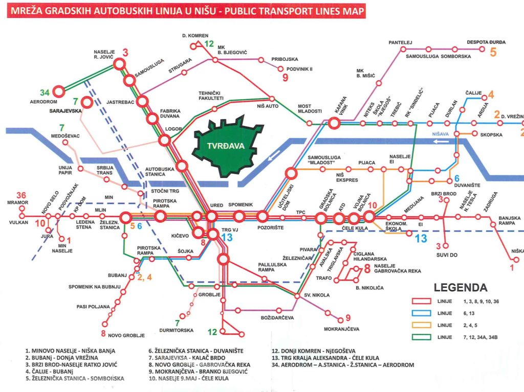 Mapa MHD ve městě Niš - Autobusy