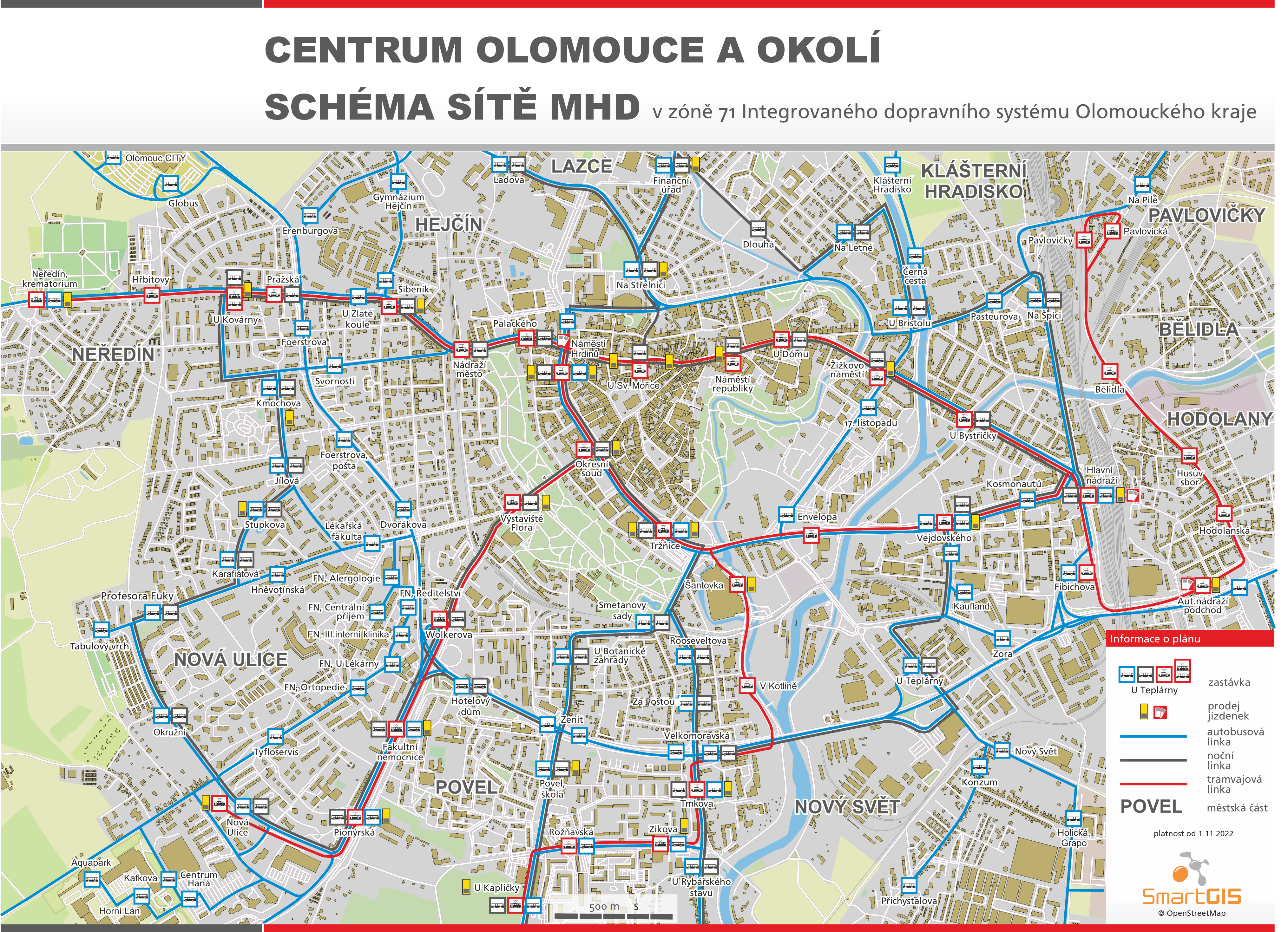 MHD Olomouc – Mapa městské hromadné dopravy v Olomouci zobrazující trasy autobusů a tramvajových linek provozovaných DPMO.