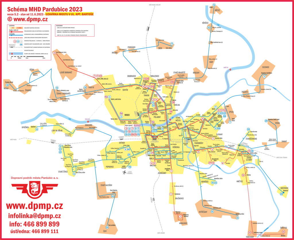 MHD Pardubice – Mapa městské hromadné dopravy v Pardubicích zobrazující trasy autobusových a trolejbusových linek provozovaných DPMP.