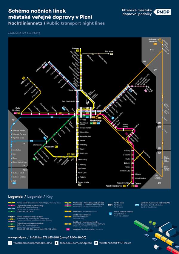 MHD Plzeň – Mapa městské hromadné dopravy v Plzni - Noční spoje zobrazující trasy autobusů, trolejbusů a tramvají