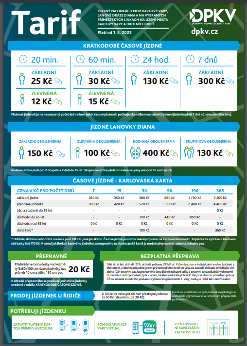 Tarify MHD a lanovky Imperial - platné od 1.5.2023 v Karlových Varech