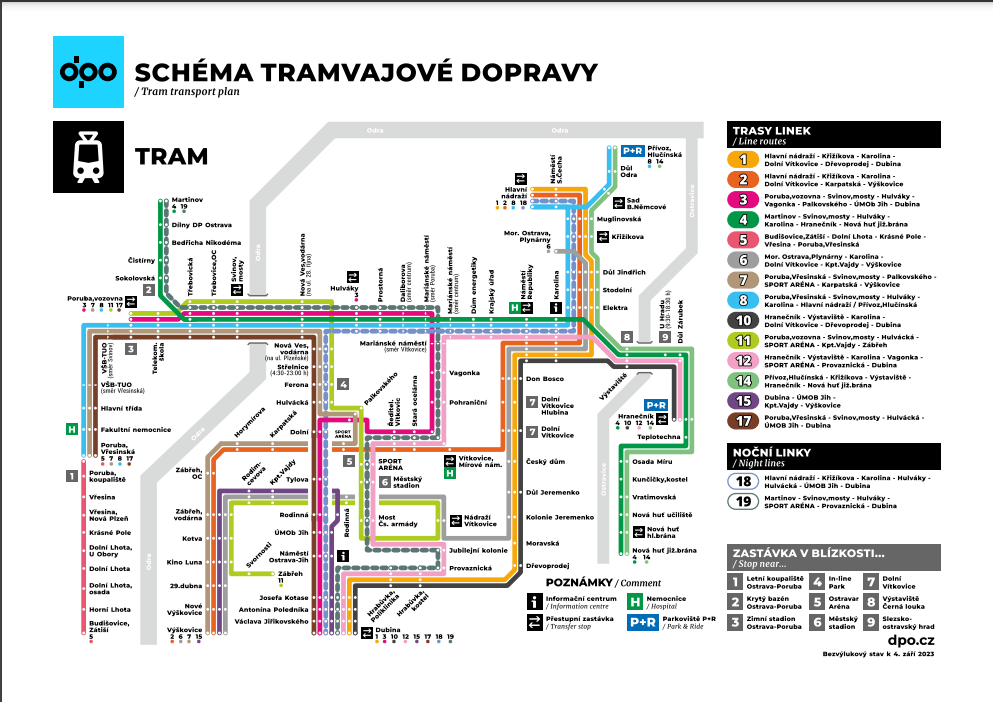 Mapa MHD v Ostravě pro rok 2023 - Tramvaje