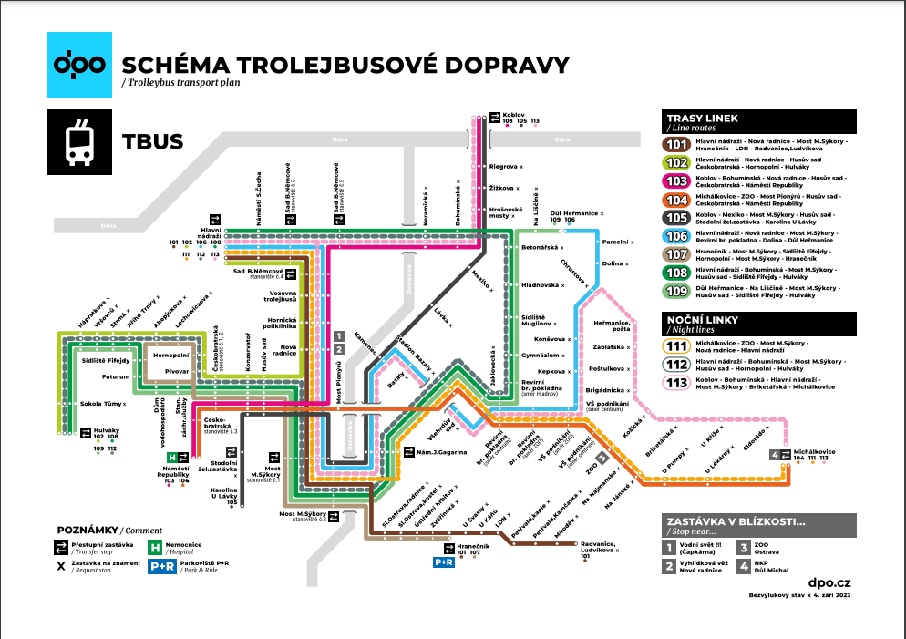 Mapa MHD v Ostravě pro rok 2023 - Trolejbusy
