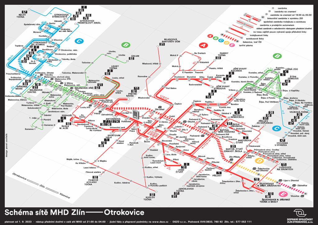 MHD Zlín – Mapa městské hromadné dopravy ve Zlíně zobrazující trasy autobusů a trolejbusů DPMZ