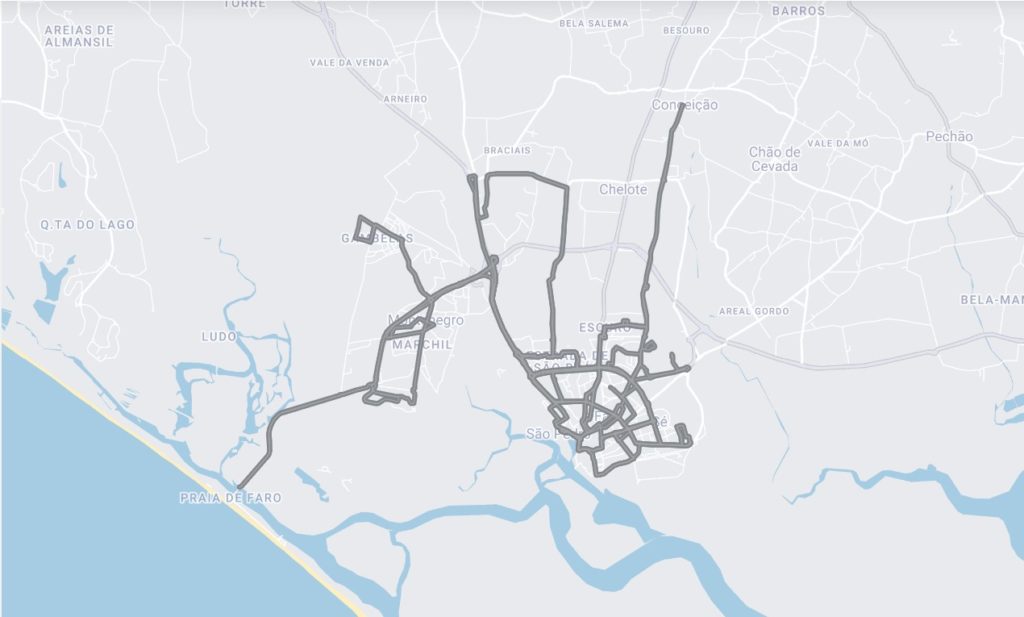 Mapa autobusových linek ve městě Faro